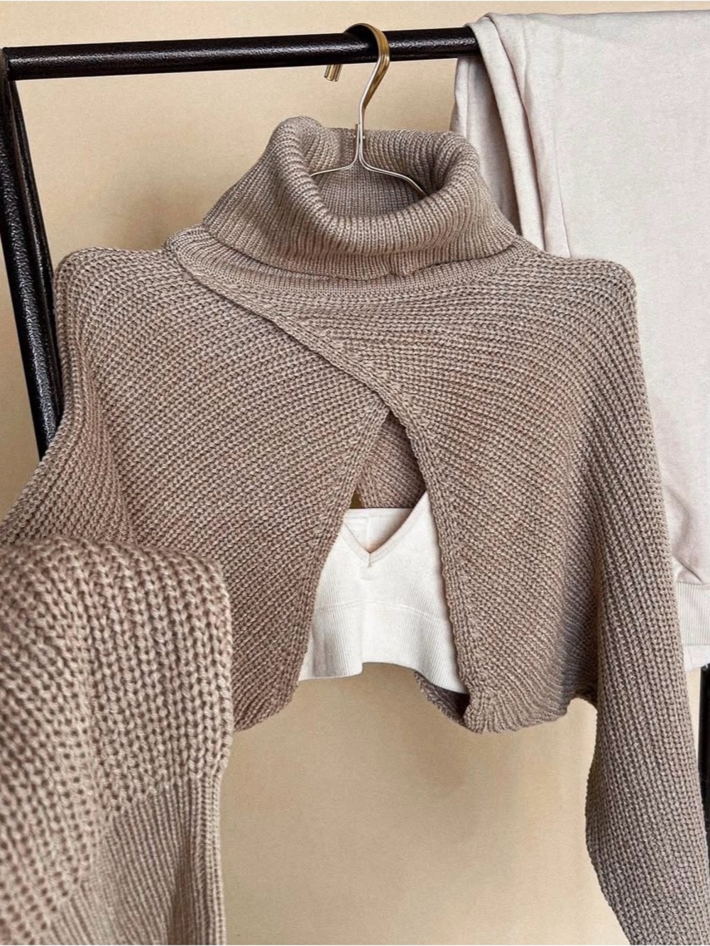Turtleneck Cropped Cape Sweater in Taupe
